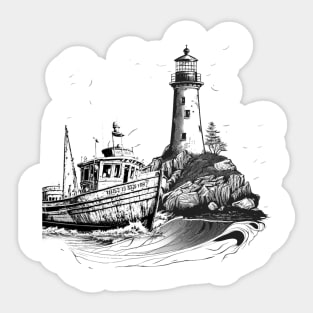 lighthouse with an old boat in vintage style Sticker